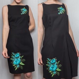 Vintage Y2K Black Dress with Blue Embroidered Flowers